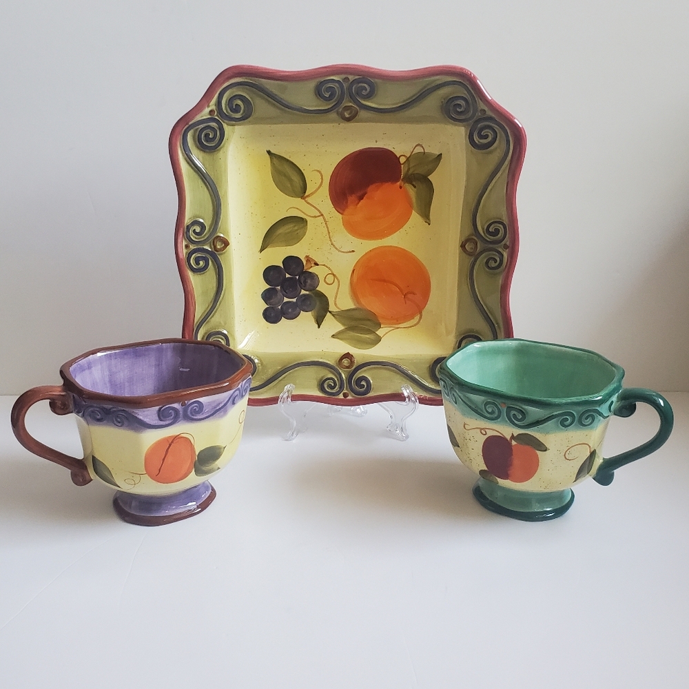 GIFT ALERT! MEDICI Ceramic Tea Cups & Platter Set Hand Painted Tuscany Style